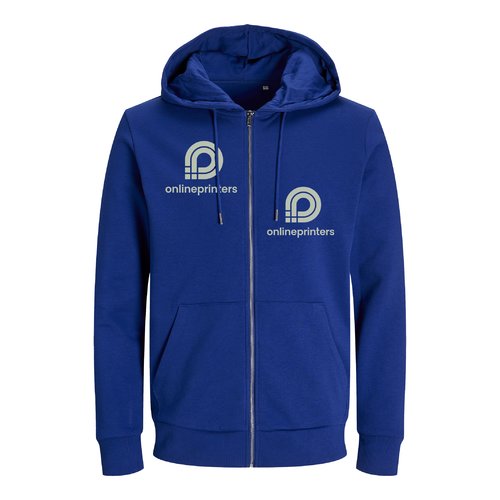 Chaqueta de ch�ndal azul oscuro de mezcla de algod�n, corte unisex con capucha y cremallera completa.