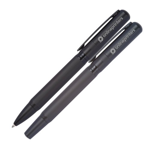 Juego de escritura negro con bolgrafo y estuche.