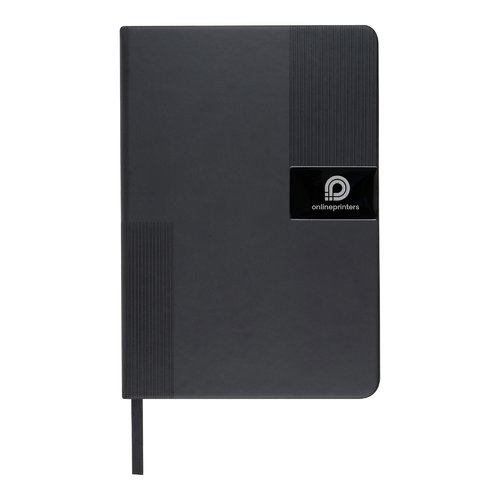 Cuaderno negro de material con soporte para bolgrafo y marcapginas.