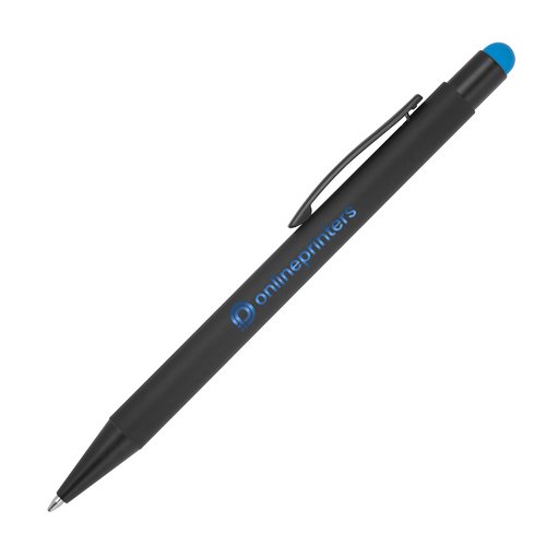 Bolgrafo de metal azul claro con funcin tctil, clip y mecanismo de pulsacin.
