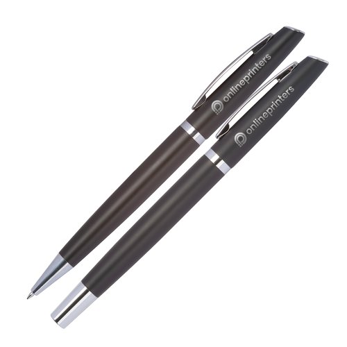 Juego de escritura de aluminio naranja que consta de bolgrafo y estuche.