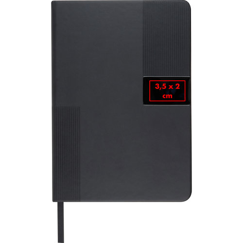 Cuaderno negro de tapa dura con lazo para bolgrafo.