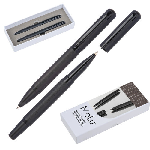 Juego de escritura de metal negro con un bolgrafo y un roller.