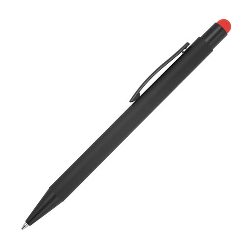 Bolgrafo de metal rojo con funcin tctil y clip.