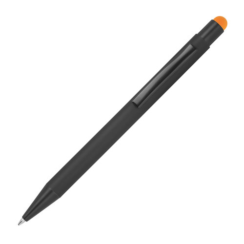 Bolgrafo de metal naranja con funcin tctil y clip.