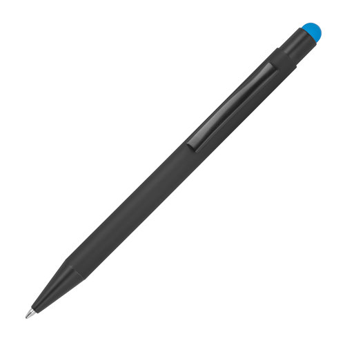Bolgrafo de metal azul claro con funcin tctil y clip.