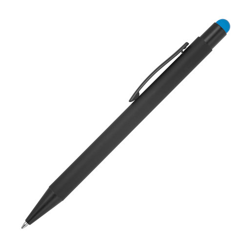 Bolgrafo de metal azul claro con funcin tctil y clip.