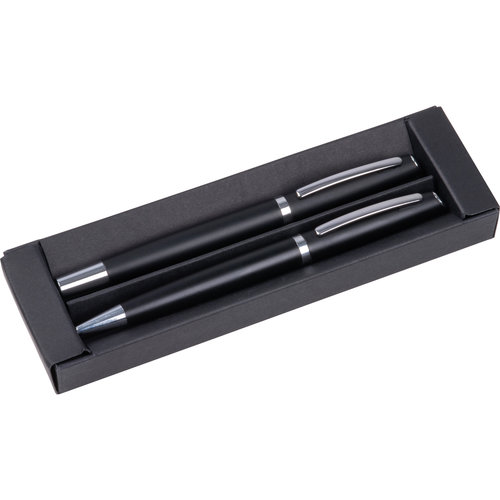 Juego de escritura negro de aluminio reciclado con bolgrafo y lpiz.