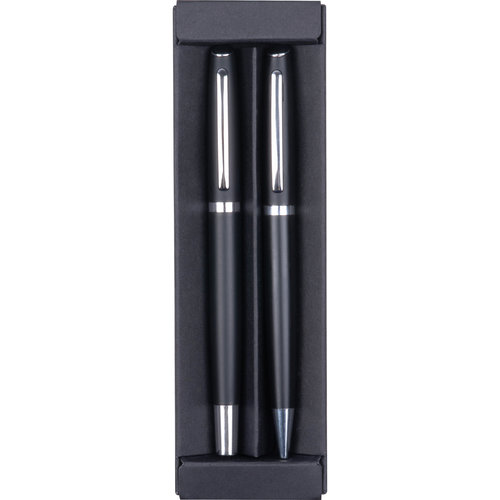 Juego de escritura negro de aluminio reciclado, que consta de bolgrafo y pluma estilogrfica.