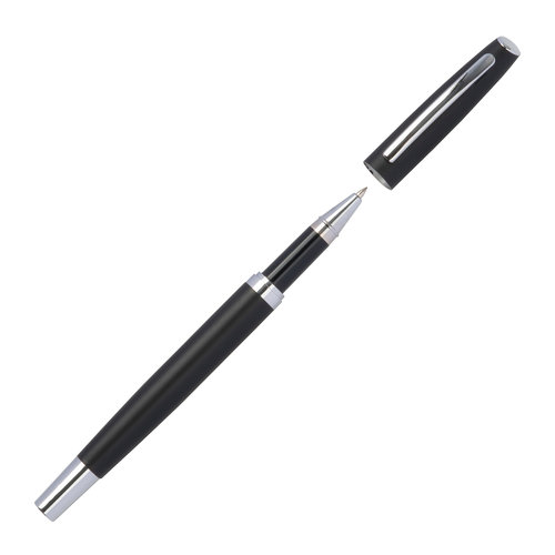 Juego de escritura de aluminio negro con bolgrafo y estuche.