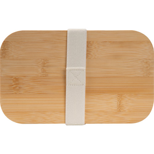 Fiambrera blanca con tapa de bamb y cinta de cierre elstica.
