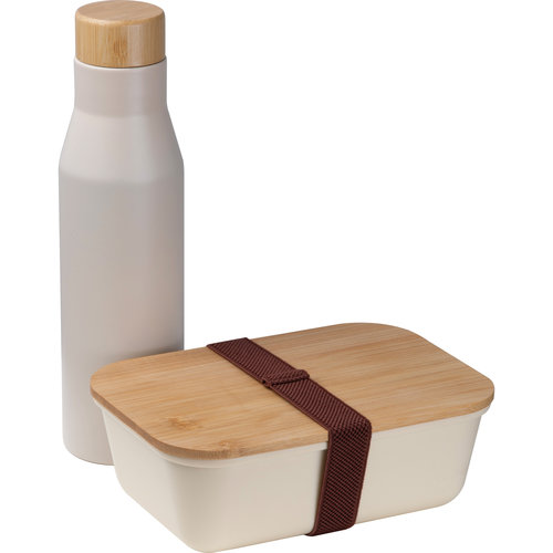 Fiambrera beige con botella de acero inoxidable y tapa de bamb.