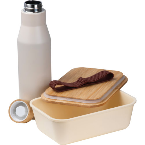 Fiambrera beige con botella de acero inoxidable y tapa de bamb.