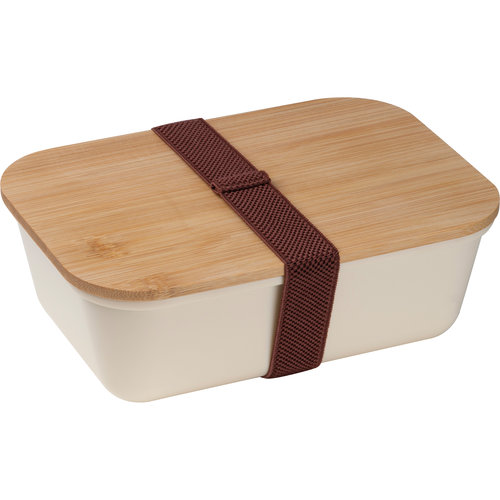 Fiambrera beige de bamb con botella de acero inoxidable y goma elstica.