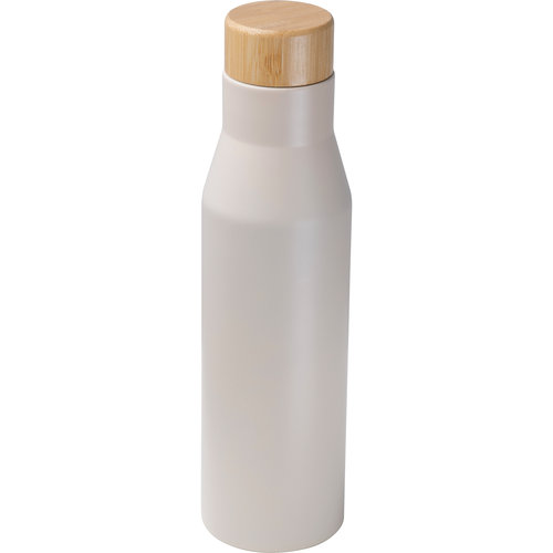 Fiambrera beige de acero inoxidable con botella de acero inoxidable y tapa de madera.