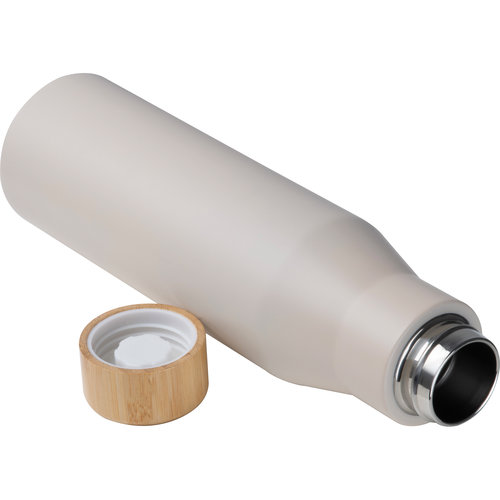 Fiambrera beige con botella de acero inoxidable y tapa de bamb.