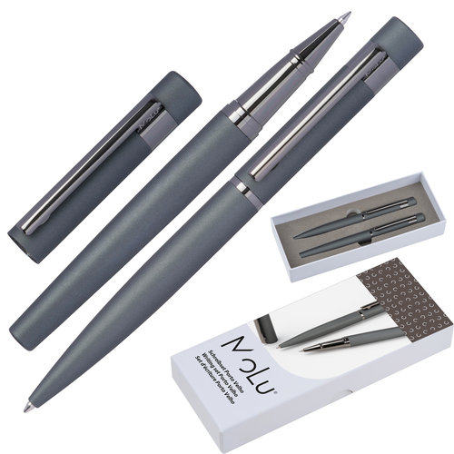 Set de escritura de metal gris con bolgrafo y roller.