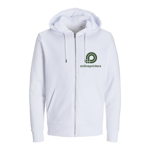 Chaqueta de felpa blanca con capucha hecha de algodn orgnico y polister reciclado con cremallera completa.