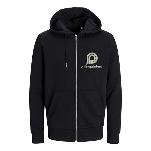 Sudadera negra de tela con capucha y cremallera completa, corte unisex.