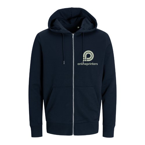 Chaqueta de sudadera con capucha azul marino hecha de algodn orgnico y polister reciclado con cremallera completa.