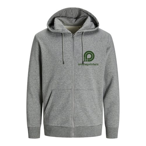 Chaqueta de chndal jaspeada gris hecha de algodn orgnico y polister reciclado con capucha y cremallera completa.