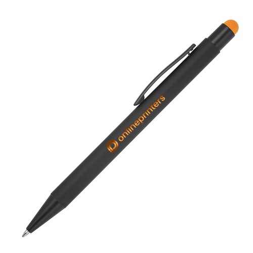 Bolgrafo de metal naranja con funcin tctil y clip.