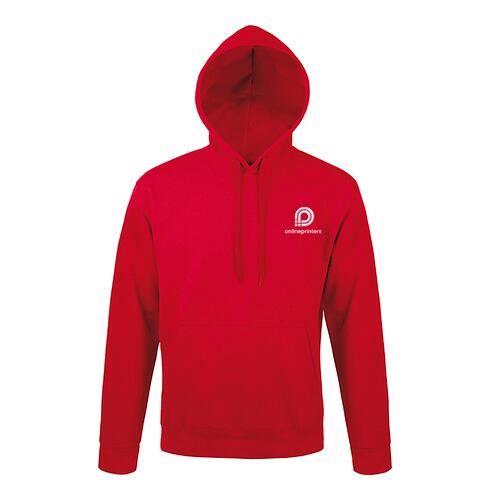 Sudadera roja de algod�n y poli�ster con capucha y bolsillo canguro, corte unisex.