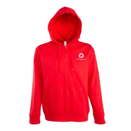Sudadera con capucha roja de mezcla de algod�n con cremallera completa.