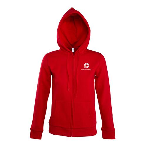 Chaqueta de ch�ndal roja de mezcla de algod�n para mujer con capucha y cremallera completa.