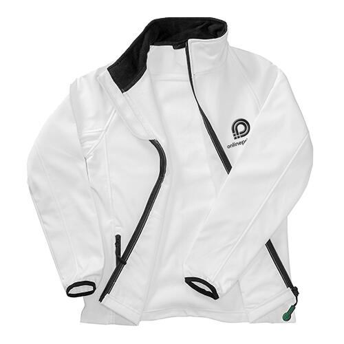 Chaqueta softshell blanca de poli�ster para mujer con cremallera completa y bolsillos laterales.