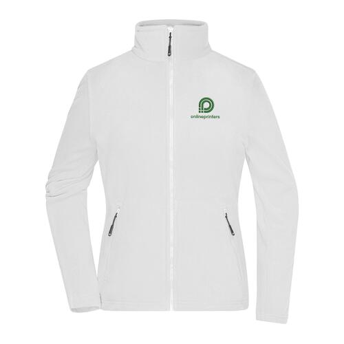 Chaqueta polar blanca de poli�ster para mujer con cremallera completa y bolsillos laterales.