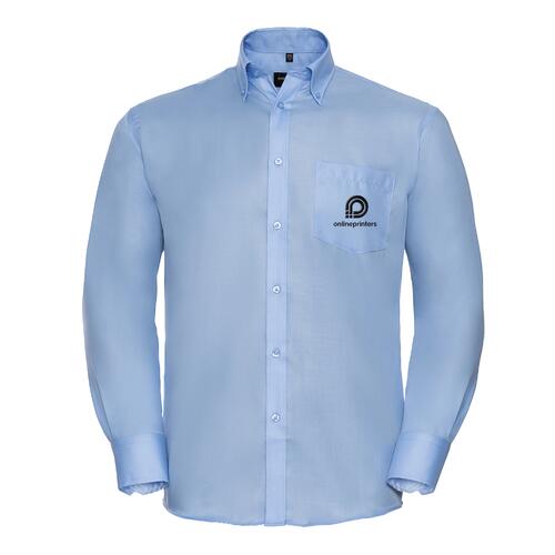 Camisa de algod�n celeste para hombre, sin planchar, con mangas largas y tapeta de botones.