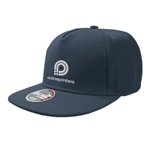 Gorra de tela azul marino con visera plana y cierre ajustable.