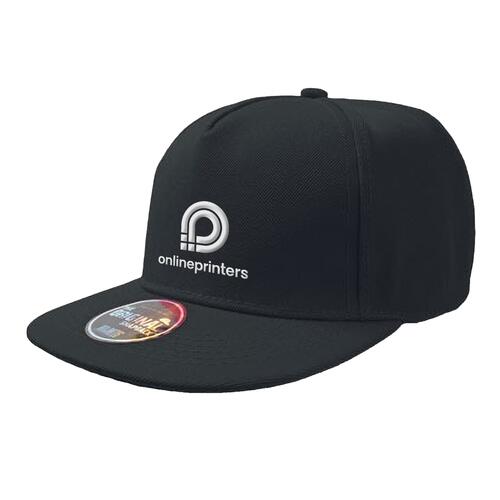 Gorra negra de tela con visera plana y cierre ajustable.