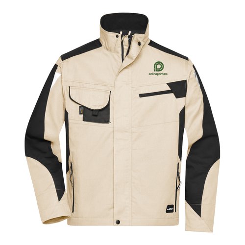 Chaqueta de trabajo beige/negra de polister y algodn con cuello alzado y varios bolsillos.