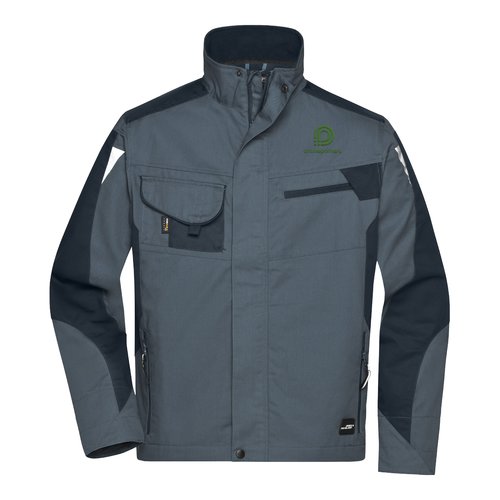 Chaqueta de trabajo gris oscuro de mezcla de polister y algodn con cremallera y mltiples bolsillos.