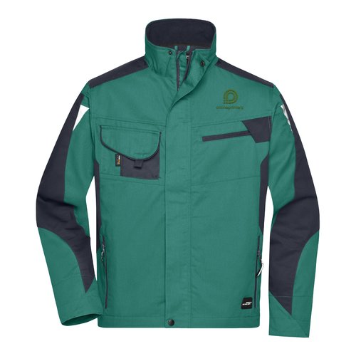 Chaqueta de trabajo verde oscuro y negra de mezcla de polister y algodn con mltiples bolsillos.