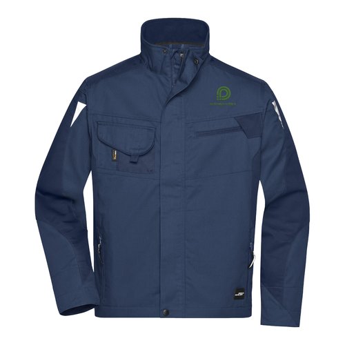 Chaqueta de trabajo azul marino de mezcla de polister y algodn con mltiples bolsillos.