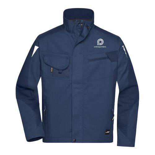 Chaqueta de trabajo azul marino de mezcla de poli�ster y algod�n con m�ltiples bolsillos.