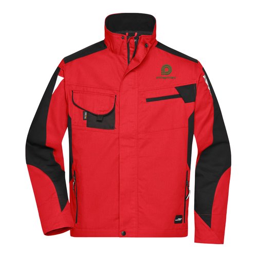 Chaqueta de trabajo roja de mezcla de polister y algodn con cremallera y mltiples bolsillos.