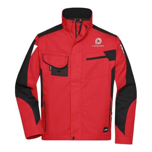 Chaqueta de trabajo roja de mezcla de poli�ster y algod�n con cremallera y m�ltiples bolsillos.