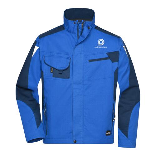 Chaqueta de trabajo azul de poli�ster y algod�n, unisex, con cremallera y m�ltiples bolsillos.