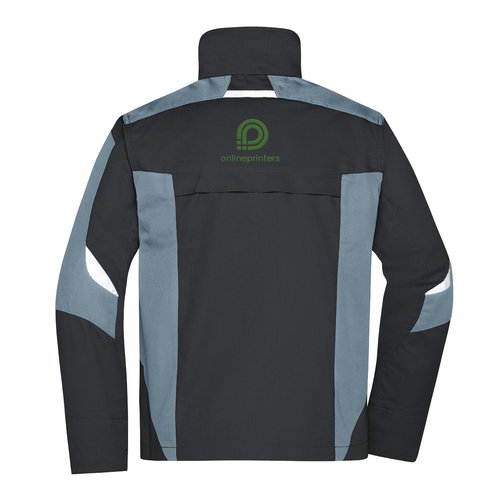 Chaqueta de trabajo negra y gris de tela mixta con cremallera completa y bolsillos laterales.