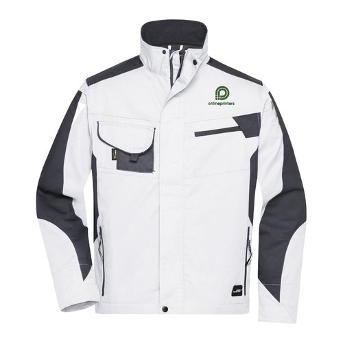 Chaqueta de trabajo unisex de polister y algodn en blanco y gris con bolsillos.
