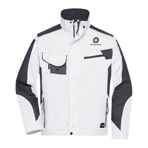 Chaqueta de trabajo unisex de poli�ster y algod�n en blanco y gris con bolsillos.