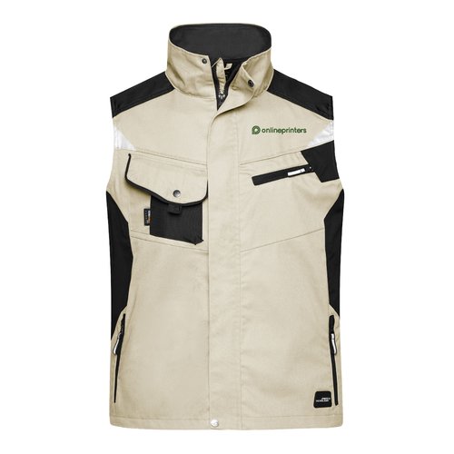 Chaleco de trabajo beige/negro de mezcla de polister y algodn con mltiples bolsillos.