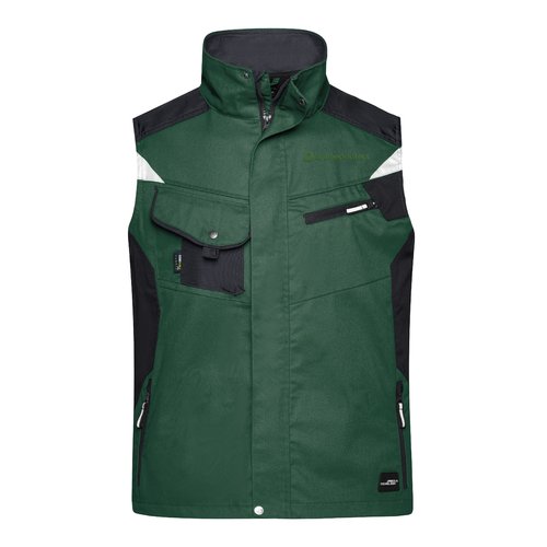 Chaleco de trabajo verde oscuro de polister y algodn con mltiples bolsillos.
