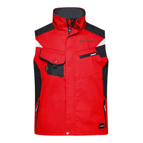 Chaleco de trabajo rojo de mezcla de polister y algodn con mltiples bolsillos.