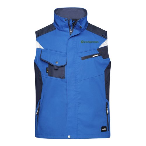 Chaleco de trabajo azul de mezcla de polister y algodn con mltiples bolsillos.