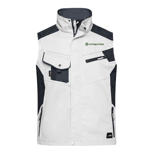 Chaleco de trabajo blanco y gris de polister y algodn con bolsillos.